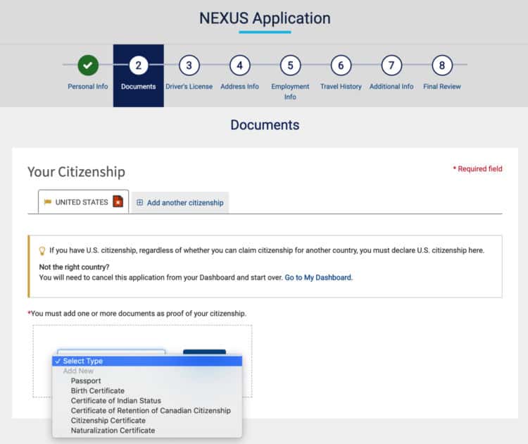 NEXUS Application Citizenship Proof Enter United States
