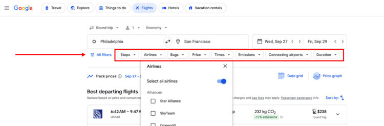 Google Flights Additional Filtering Options