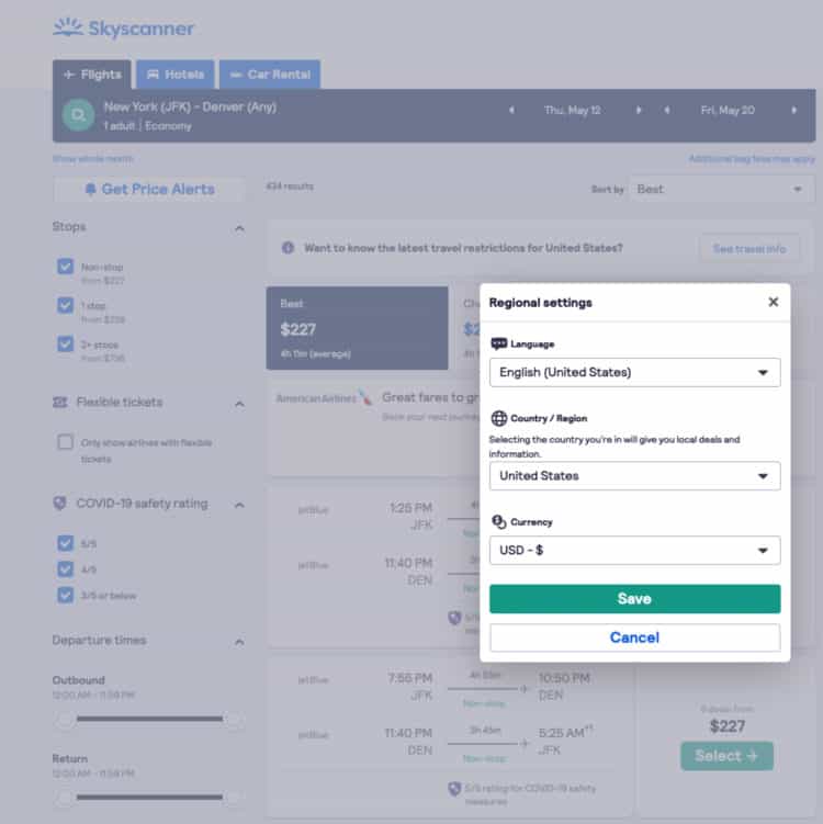 Skyscanner Currency Language Additional Options