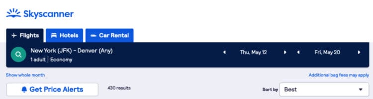 Skyscanner Whole Month Top Menu Bar