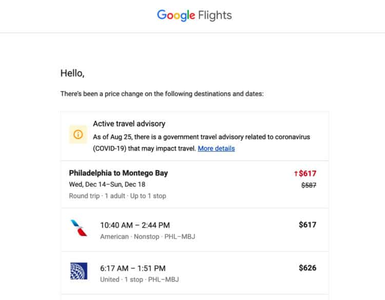 Google Flights Price Alert Email