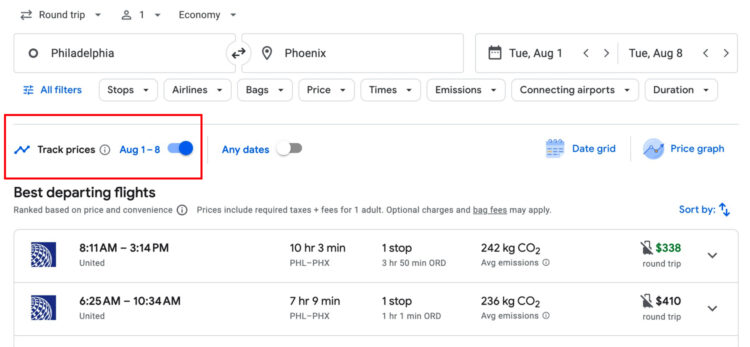Google Flights Set Price Alert