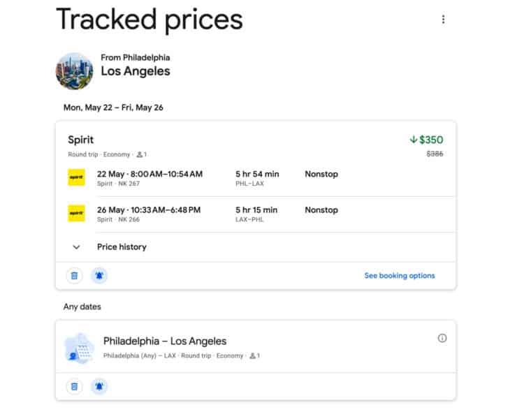 Google Flights View Tracked Price Alerts