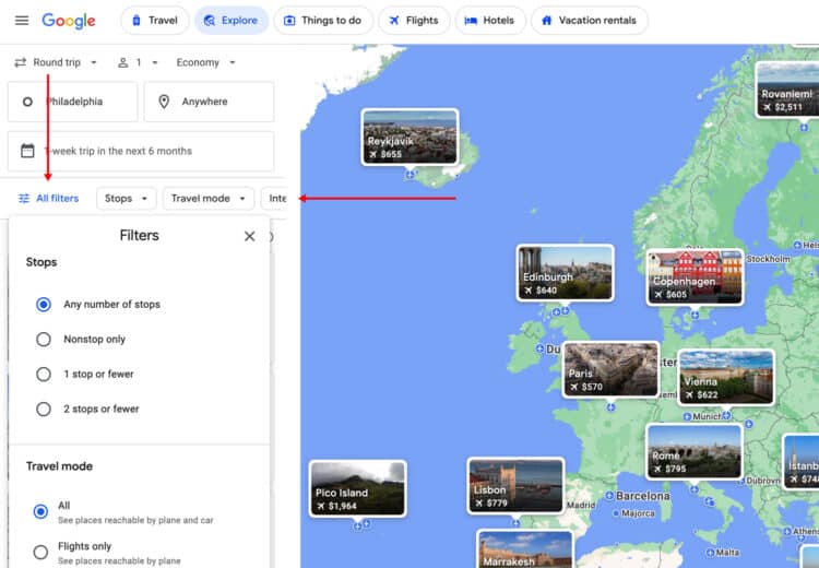 Google Flights Explore Map How To Use It To Find Cheap Flights Around   Google Flights Explore Additional Filter Options 750x520 