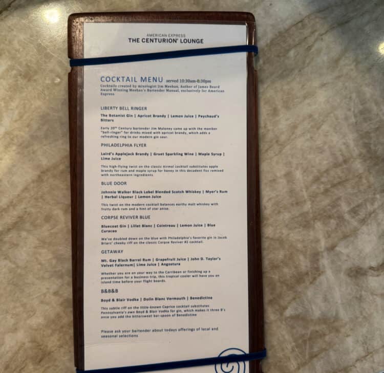PHL Centurion Lounge Cocktail Menu